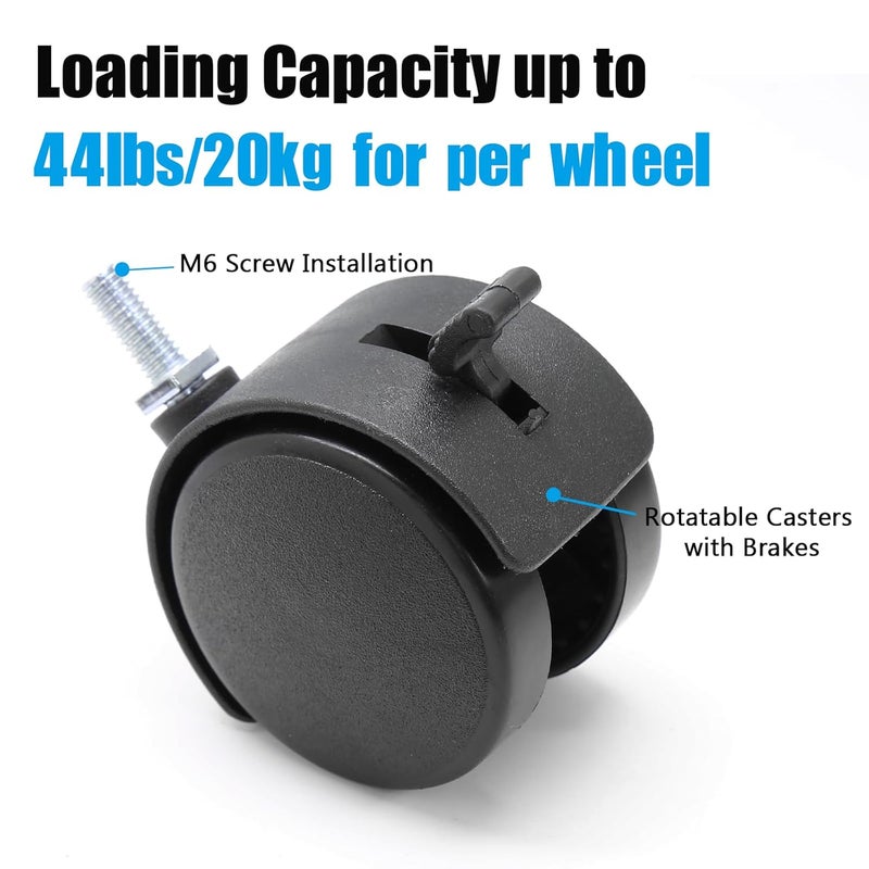 Suiwotin 4pcs 2 Inch Swivel Caster Wheels, M6 Threaded Stem Caster Wheels with Brake, Heavy Duty Casters, Black Nylon Wheel Replacement for Furniture, Table, Cabinet, Shelf - Image 4